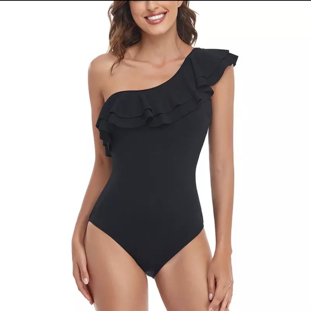 Black One Piece One Shoulder Ribbed Swimsuit NEW
